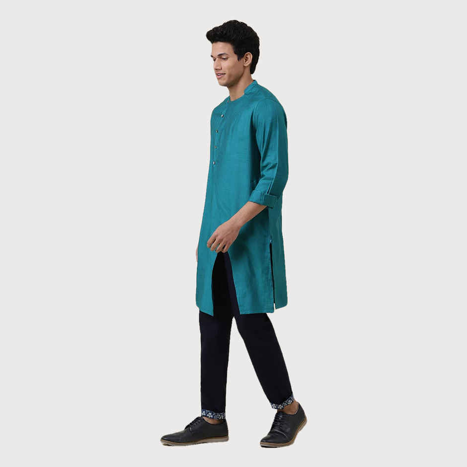 Fabindia Men's Long Kurta Slim Fit | Teal - M
