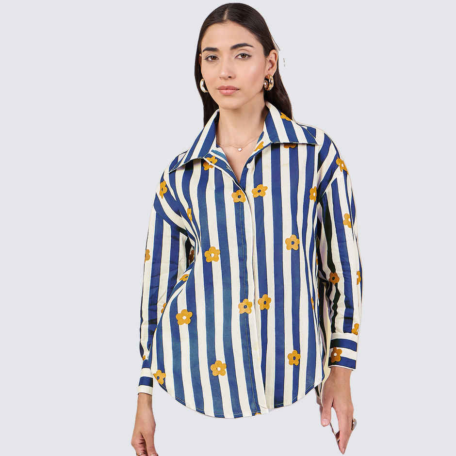 Uptownie Women's Printed Asymmetrical Cotton Shirt | Navy Blue - XL
