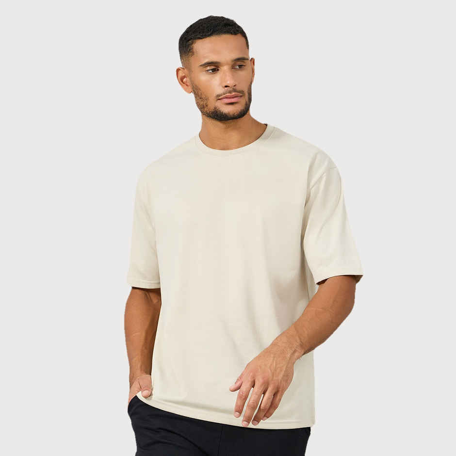 Styli Men's Oversized Cotton T-shirt with Geometric Back Print | Beige - XXL