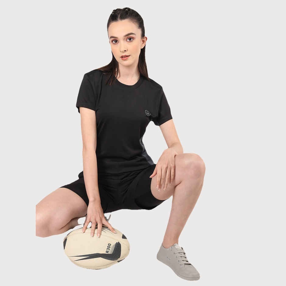 Chkokko Women's Round Neck Dry Fit Gym Sports T-shirt | Black - L
