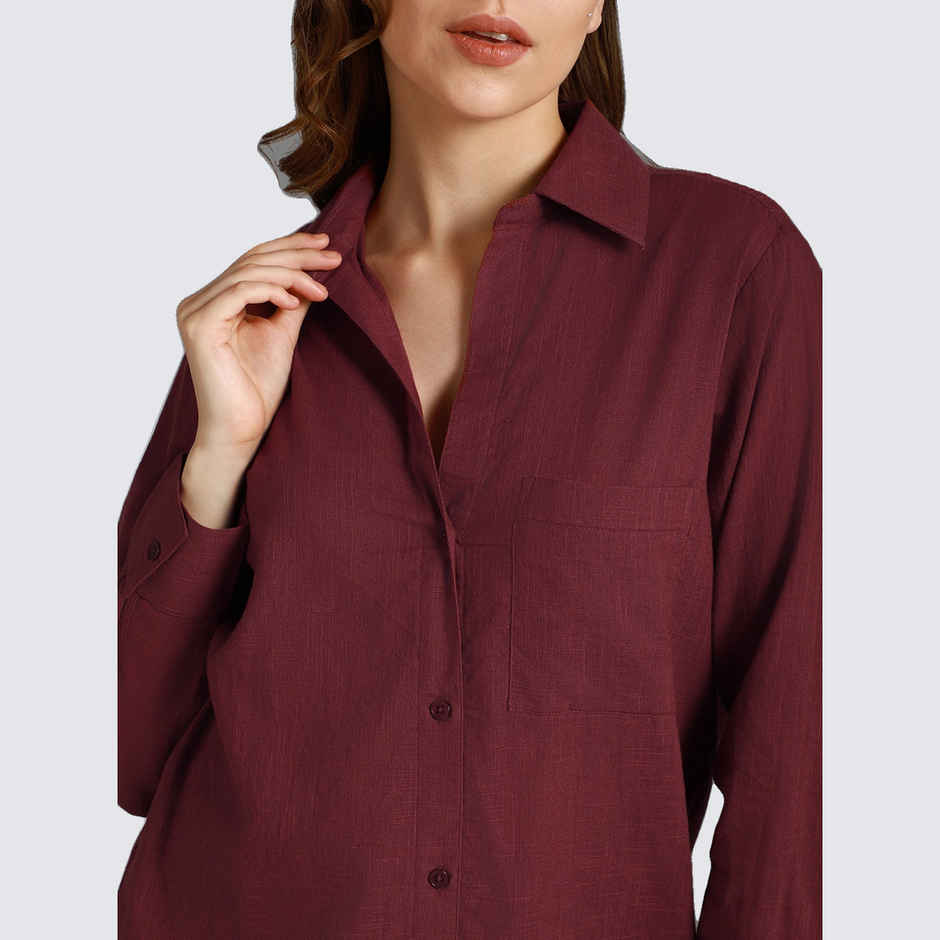 High Star Women's Spread Collar Long Sleeves Cotton Casual Shirt | Maroon - S