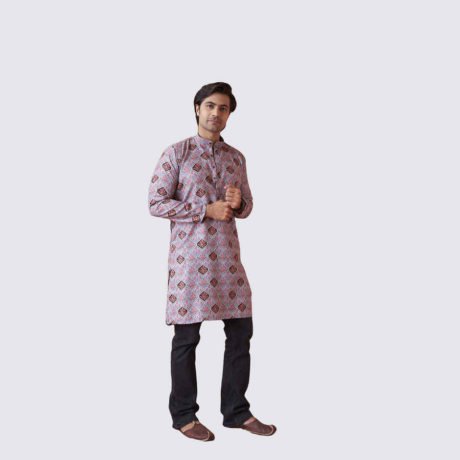 House Of Festivals Men's Printed Cotton Blend Long Kurta | Light Blue - S
