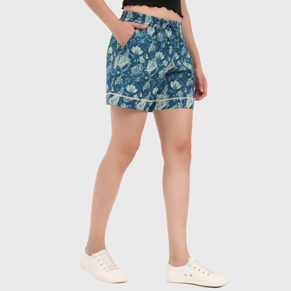 Divena Green Ethnic Motif Print Cotton Shorts for Women | DK0261 - M