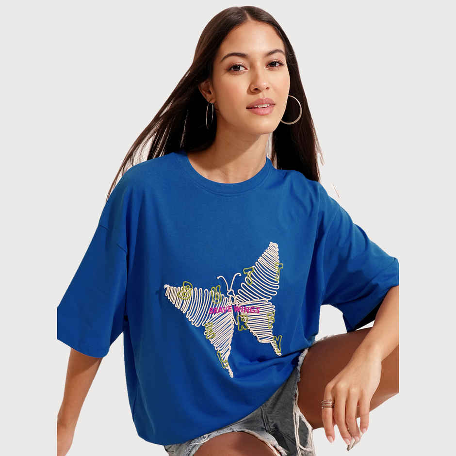 Tokyo Talkies Women's Chest Embroidered T-shirt | Blue - XL