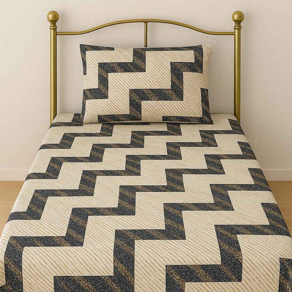 Elegant Weavers Single Cotton Geometric Bedsheet | With 1 Pillow Cover | White & Black | 87 x 59 in