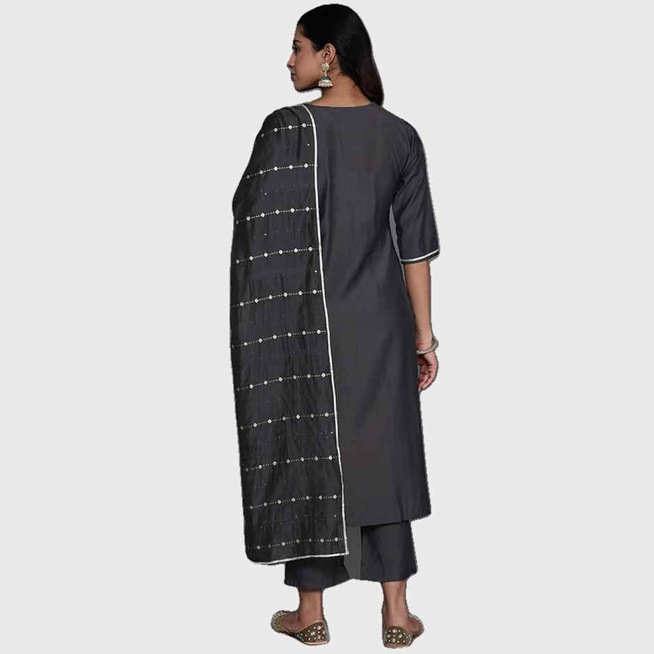 Libas Women Grey Silk Straight Kurta With Grey Silk Blend Trouser And Silk Blend Dupatta - 35163L