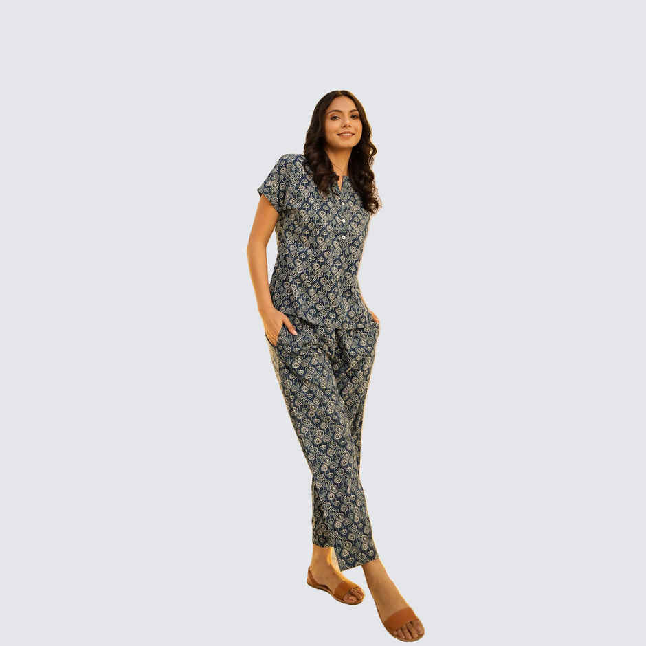 Sanskrutihomes Women's Printed Pure Cotton Night Suit | Navy Blue - XL