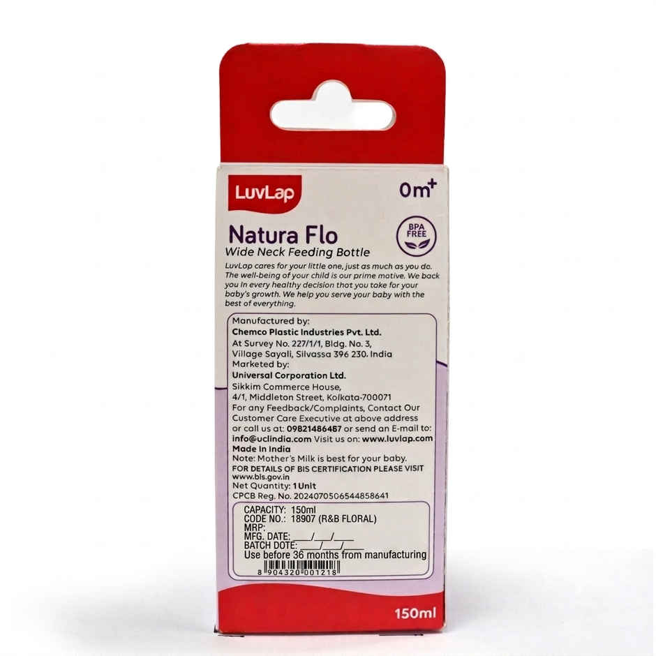 Luvlap Anti Colic Wide Neck Natura Flo Baby Plastic Feeding Bottle | Floral BPA Free | 150 ml