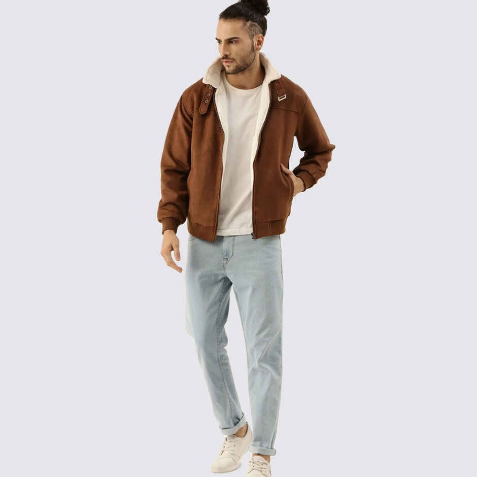 Campus Sutra Men's Zip-Front Jacket With Fleece Detail | Brown - L