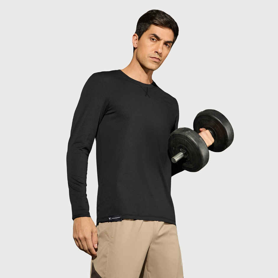 Technosport Men's Poly Solid Slim Fit Round Neck Full Sleeve Sports T-shirt | Black - L