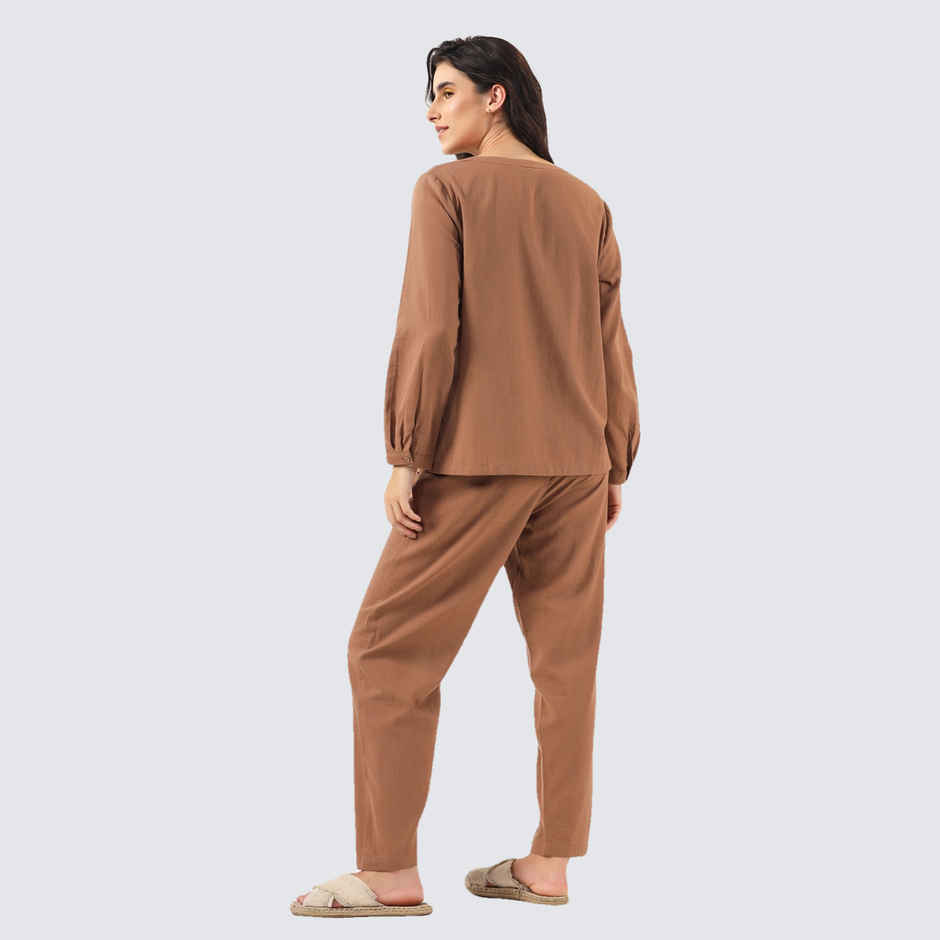 Sanskrutihomes Mandarin Collar Pure Cotton Night Suit | Brown - L