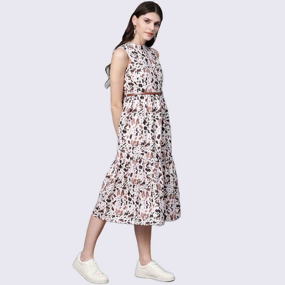 SASSAFRAS Women's Leopard Tiered Belted Midi Dress | Off White - S