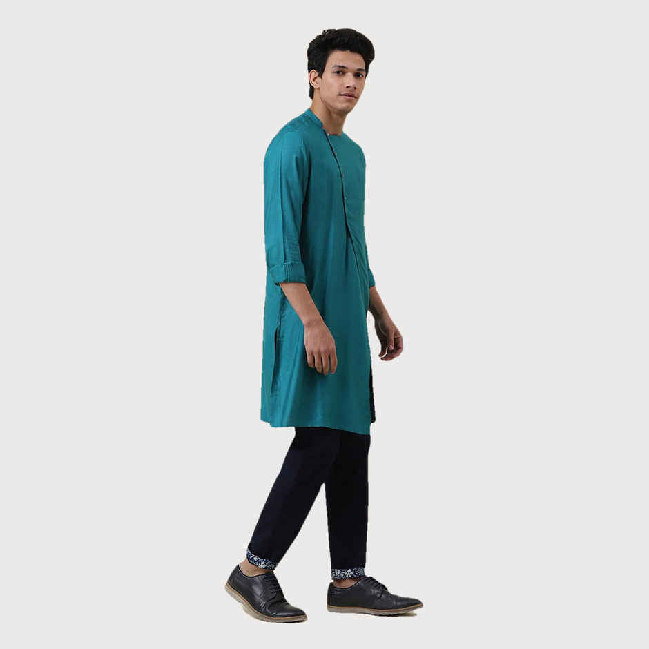 Fabindia Men's Long Kurta Slim Fit | Teal - M