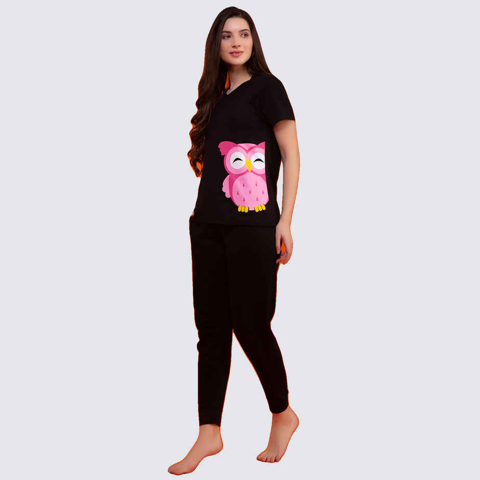 Clovia Owl Print Top & Pyjama - 100% Cotton(Black - M)