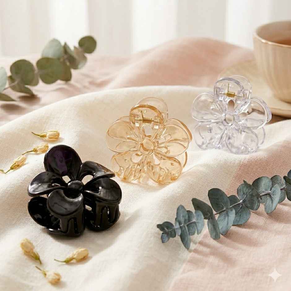 The Opal Factory Hair Accessories | Translucent Flower Dew Drop Hair Clutches | Black, Beige, Grey