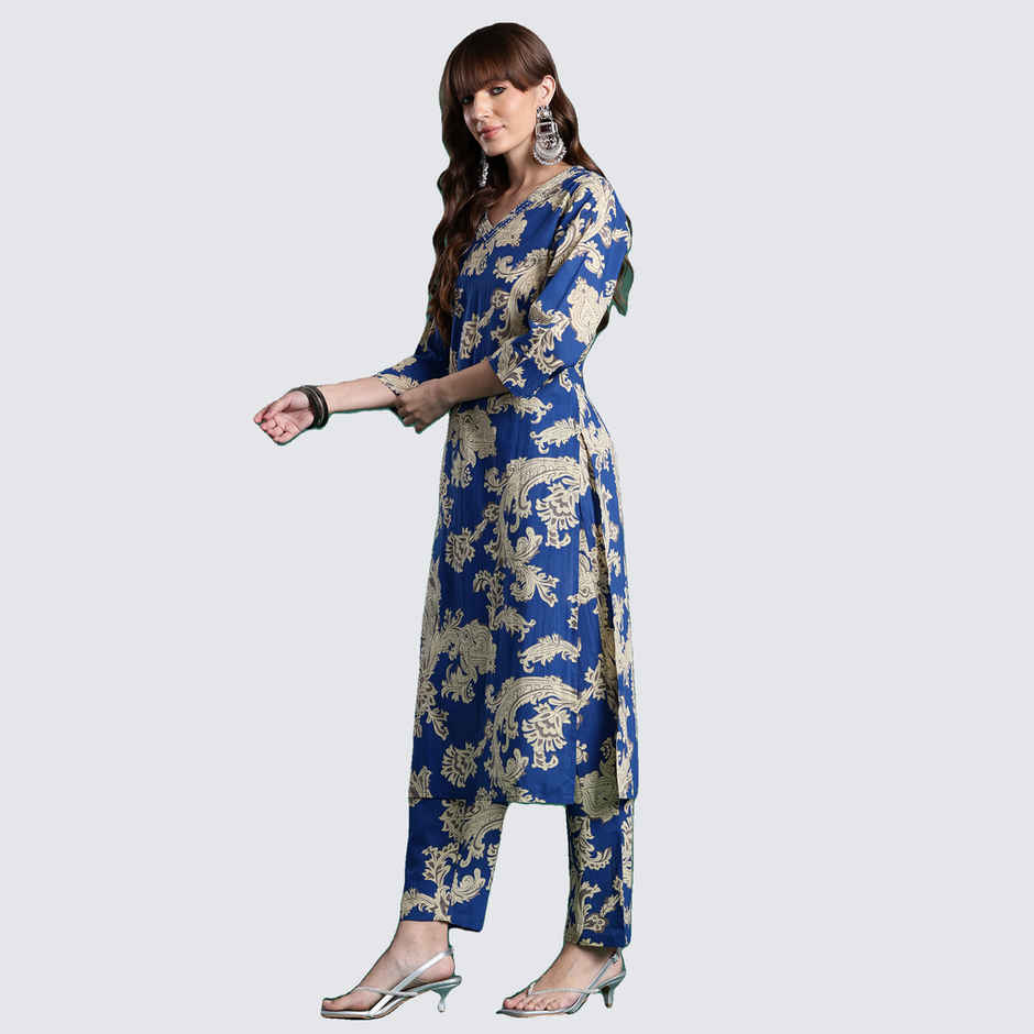INDO ERA Women's Printed Straight Kurta Trouser Set | Blue - XL