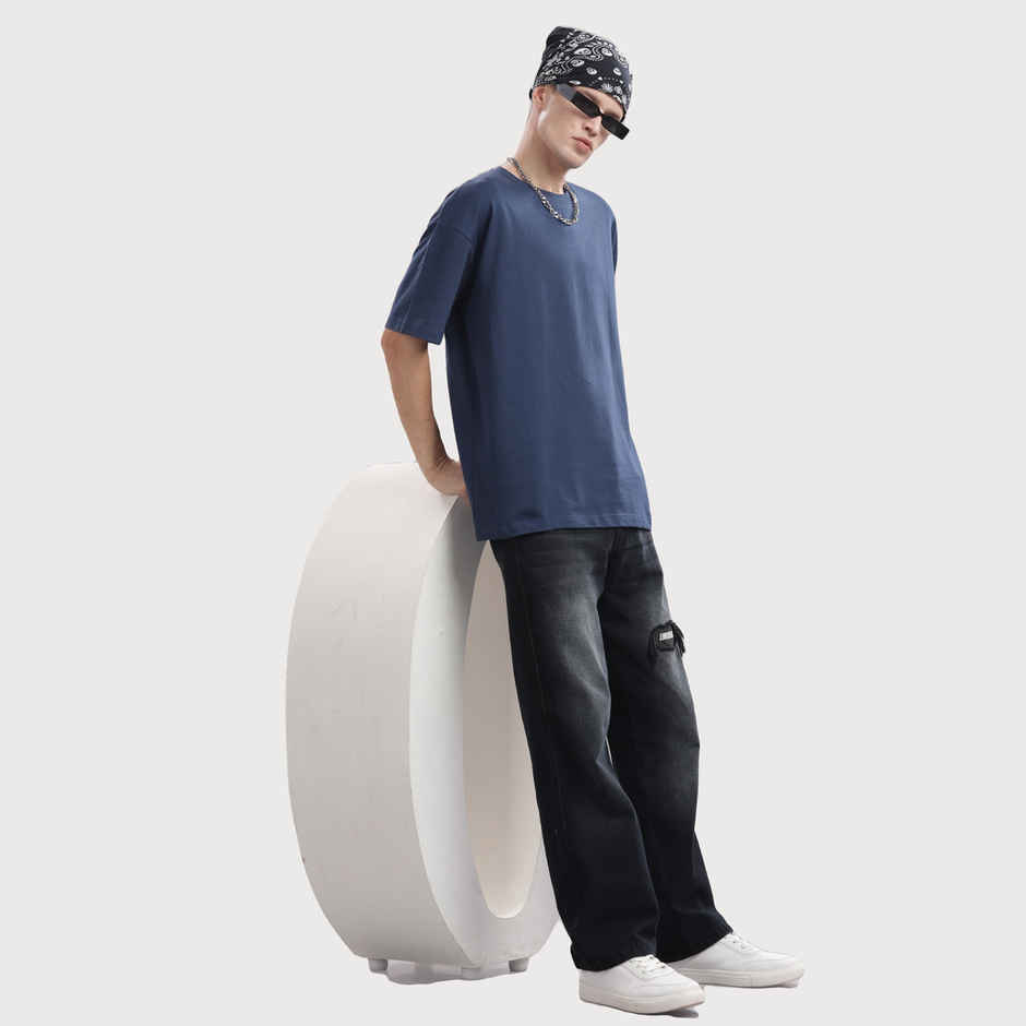 OUTLAWS Men's 100% Cotton Oversized T-Shirt | Half Sleeves | Round Neck | Dark Blue - S