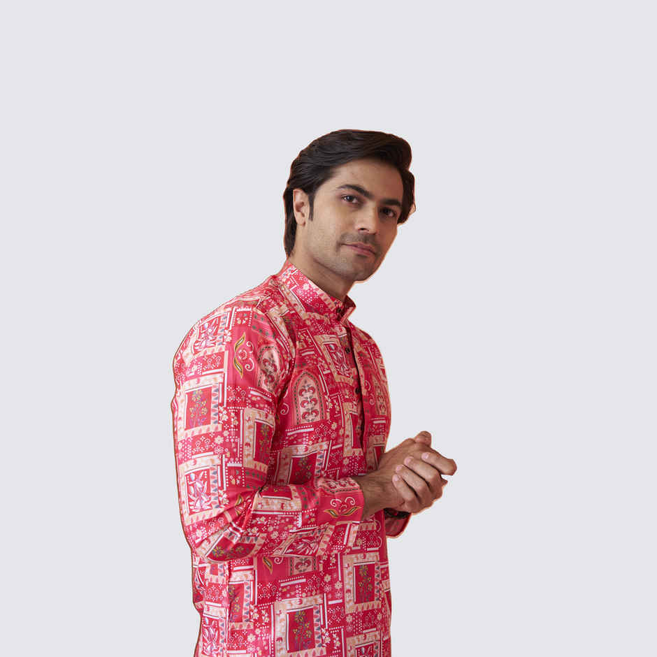 House Of Festivals Men's Printed Cotton Blend Long Kurta | Pink -L