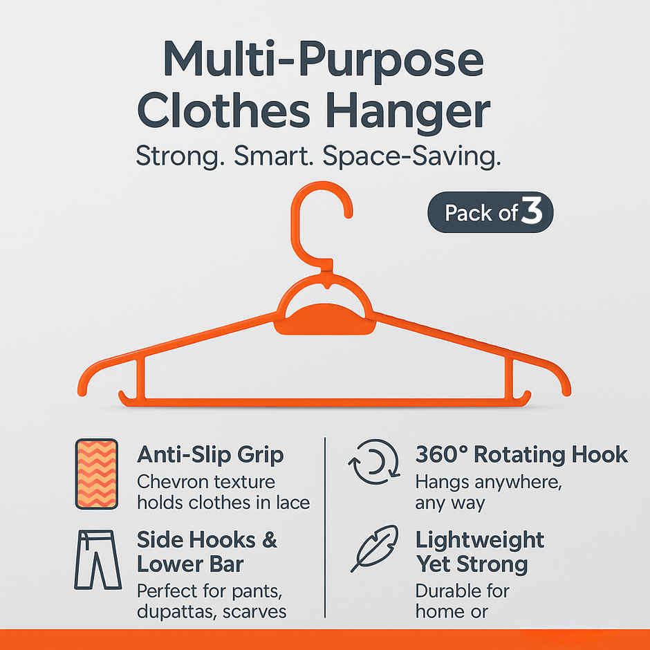 Sinco Elita Plastic Cloth Hanger - Pack of 3 pcs - Orange