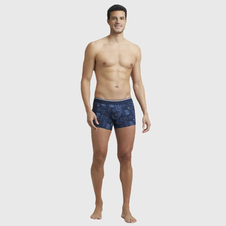 Jockey US63 Men's Super Combed Cotton Elastane Stretch Underwear Printed Trunk|Ultrasoft Waistband | Navy-L