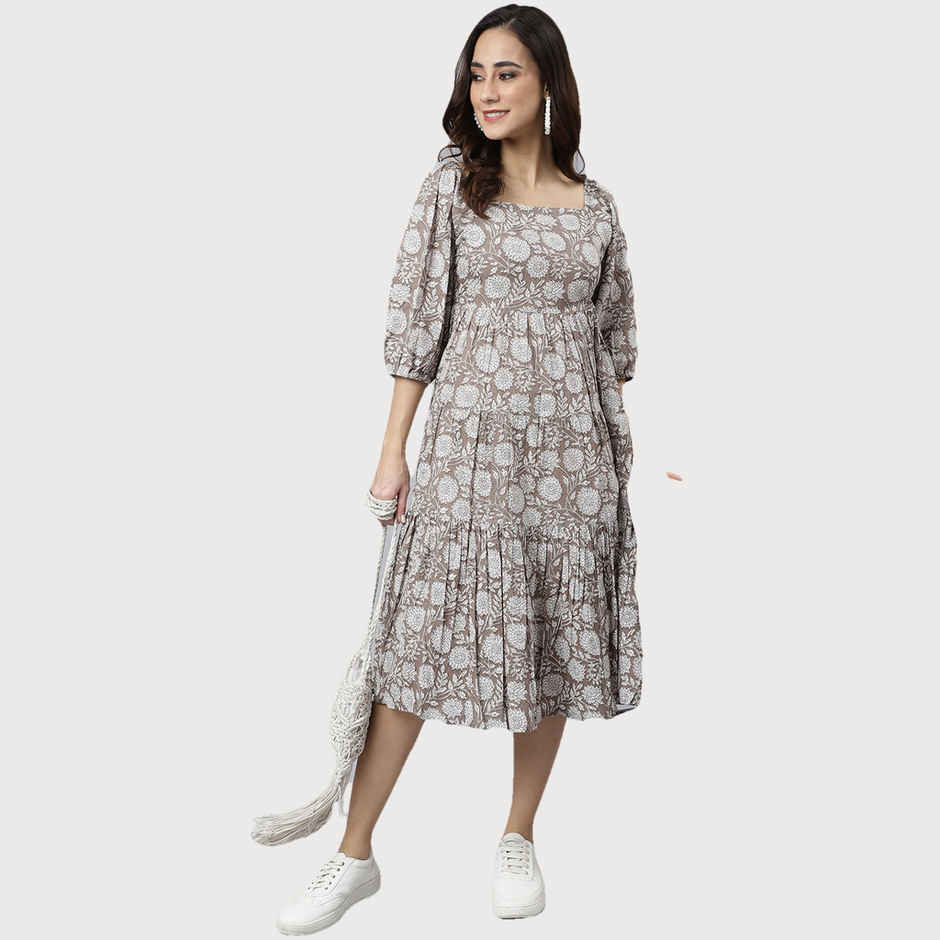 Janasya Women's Grey Pure Cotton Floral Printed Flared Dress - S