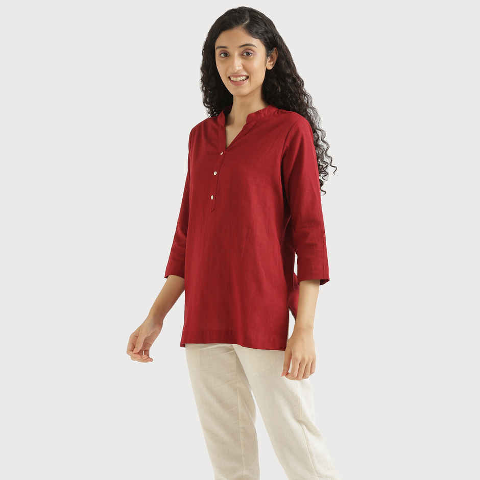 Saadaa Women's Short Airy Linen Kurta | Maroon - L