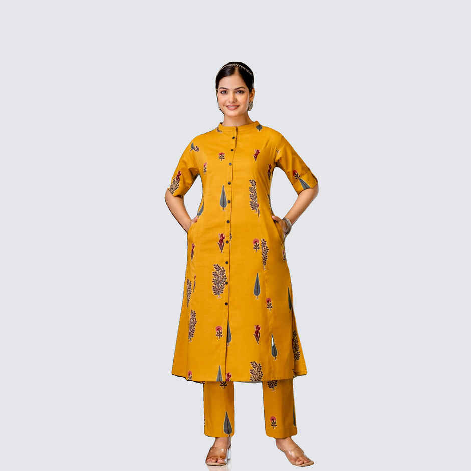 GoSriKi Women's Rayon Blend Straight Printed Kurta with Pant | BARKAT | Yellow - XL