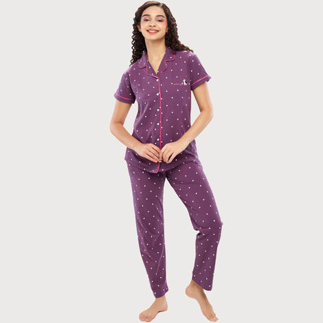 Zeyo Women's Cotton Heart Printed Stylish Night Suit Set of Shirt & Pyjama | 5612 Purple-S