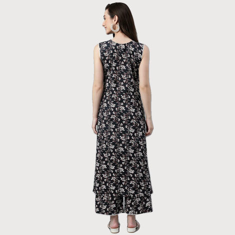 Janasya Women's Black Pure Cotton Floral Printed Kurta with Palazzo | XL