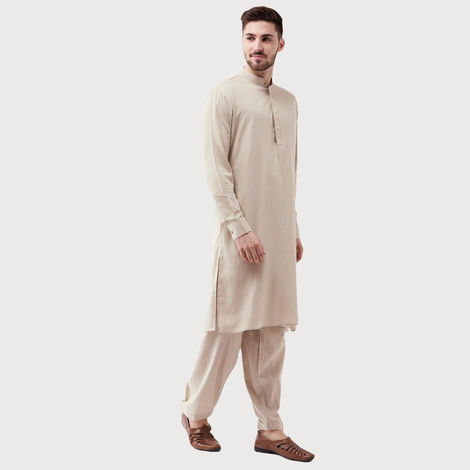 Vastramay Men's Cotton Blend Kurta and Patiala Set | Beige - L