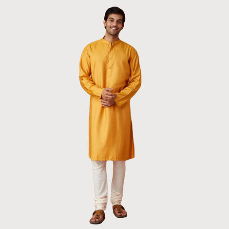Fabindia Men's Long Kurta Comfort Fit | Yellow - L