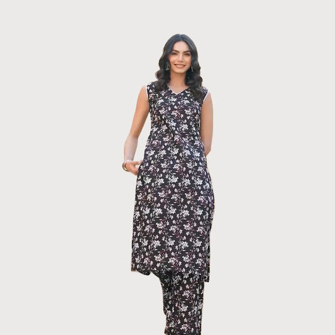 Janasya Women's Black Pure Cotton Floral Printed Kurta with Palazzo | XL