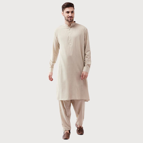 Vastramay Men's Cotton Blend Kurta and Patiala Set | Beige - L
