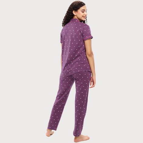 Zeyo Women's Cotton Heart Printed Stylish Night Suit Set of Shirt & Pyjama | 5612 Purple-S