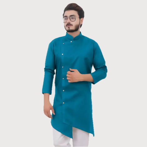 Tibra Collection Men Asymmetric Kurta - Ocean | Striped | Cotton Blend | M