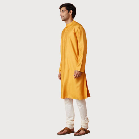 Fabindia Men's Long Kurta Comfort Fit | Yellow - L