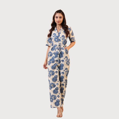 Jisora Women's Off white Cotton Flex Jumpsuit | L - JS1863