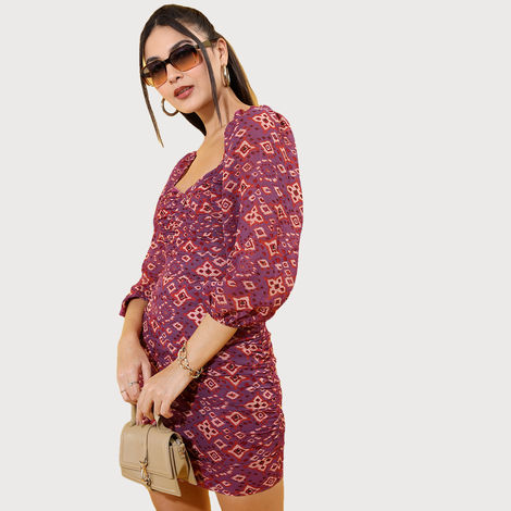 Tokyo Talkies Women's Ethnic Printed Bodycon Mini Dress | Purple - S