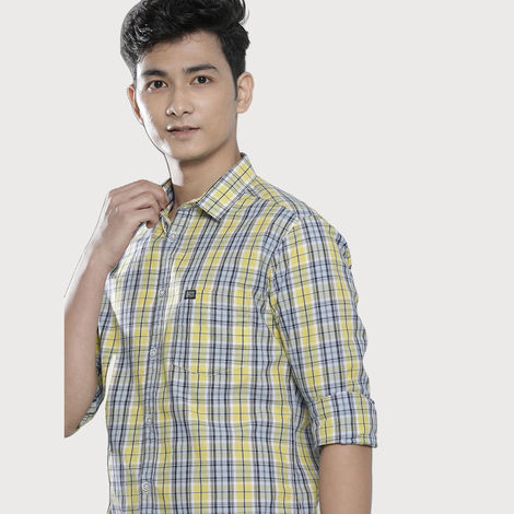 The Indian Garage Co Men's Slim Fit Checked Casual Shirt | Yellow - S