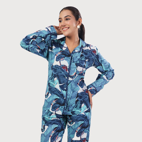 Sanskrutihomes Women Tropical Printed Pure Cotton Blue Night Suit SE-NSP-565 | L