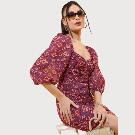 Tokyo Talkies Women's Ethnic Printed Bodycon Mini Dress | Purple - S