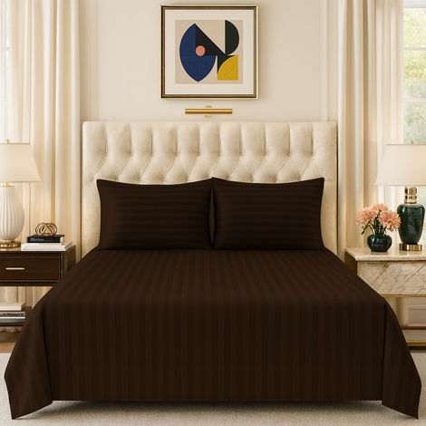 Elegant Weavers Brown Striped Double Bedsheet With 2 Pillow Covers