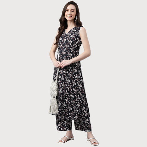 Janasya Women's Black Pure Cotton Floral Printed Kurta with Palazzo | XL