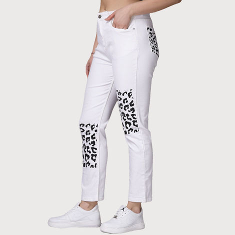 Freehand Women's Printed Straight Fit Denim Jeans | White - 30