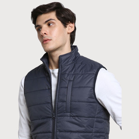 Dennis Lingo Men's Dark Blue Regular Fit Solid Sleeveless Quilted Jacket | Dlmjkw23011 - Db | L