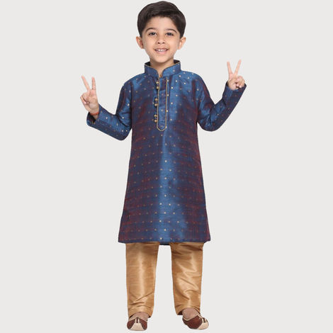 Vastramay Boy's Silk Blend Kurta Pyjama Set | Persian Blue & Rose Gold - 9 to 10 years