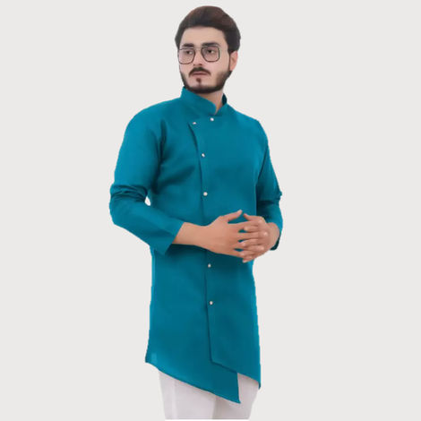 Tibra Collection Men Asymmetric Kurta - Ocean | Striped | Cotton Blend | M