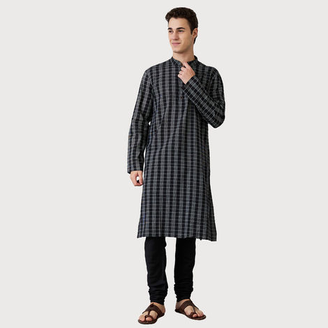 Ethnix by Raymond Men's Fit Pure Cotton Full Sleeve Stand Collar Kurta | Black - XL
