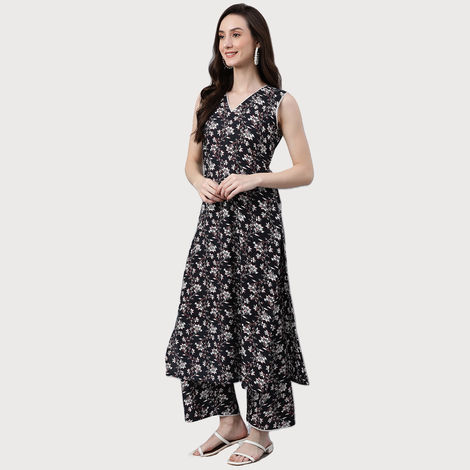 Janasya Women's Black Pure Cotton Floral Printed Kurta with Palazzo | XL