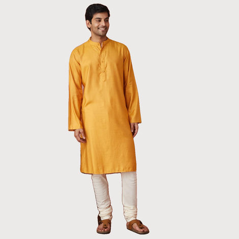 Fabindia Men's Long Kurta Comfort Fit | Yellow - L